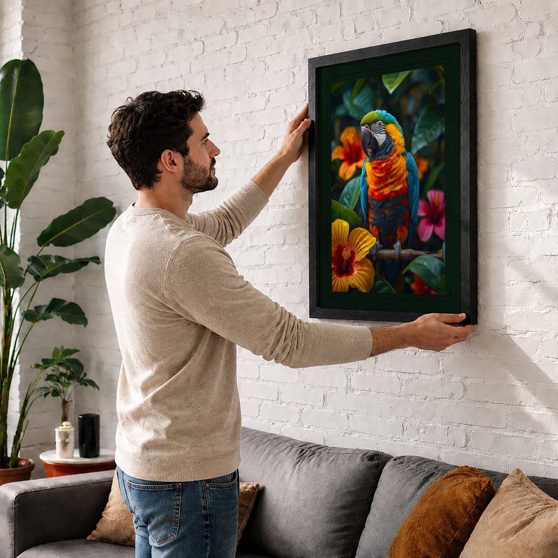 Parrot Among Blooms Tropical - Framed Print, A4 - 29.7 x 21.0 cm, Black