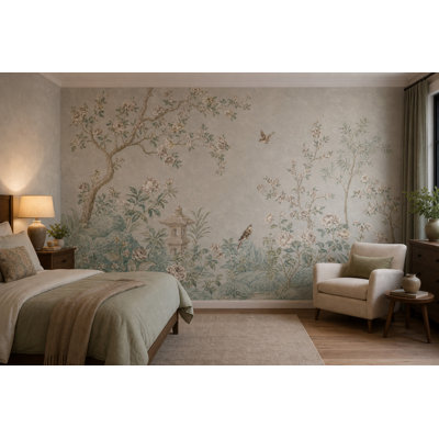 Chinoiserie Garden Wallpaper Floral Landscape Removable Blossoming Branches Wall Decor