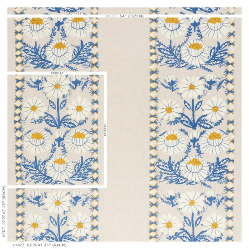 Marguerite Embroidery Fabric, Blue/Ochre