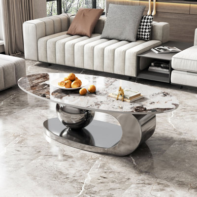 Table basse ovale en faux marbre avec base en acier inoxydable pour le salon