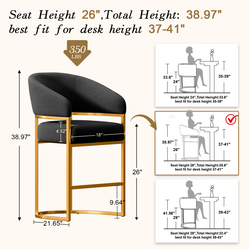 26" Counter Height Bar Stool,Black Velvet Gold Metal Base, Gold, Black/Velvet