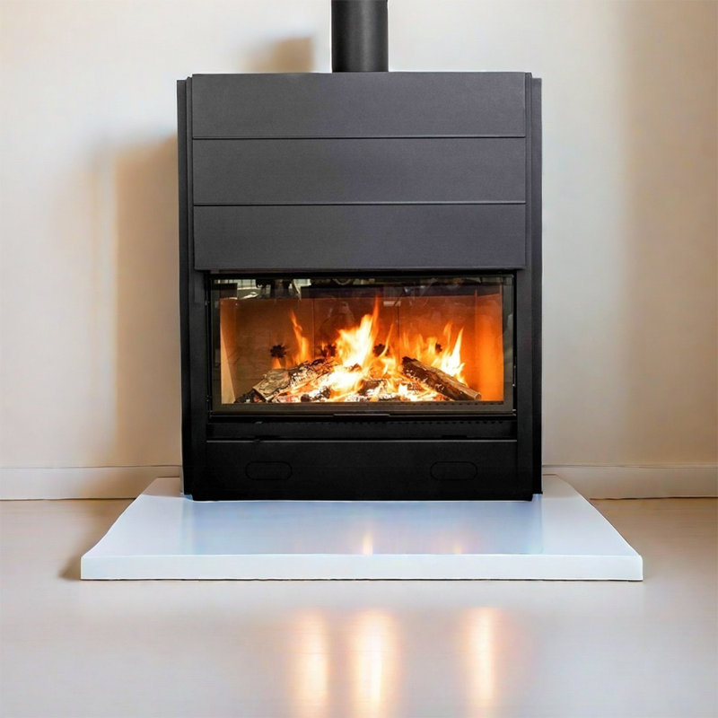 Simple steel interior with wood fireplace