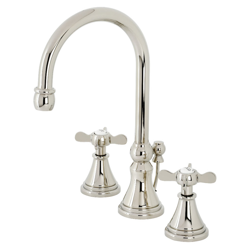 Kingston Brass Essex Two-Handle 3-Hole Deck Mount Widespread Bathroom Faucet with Brass Pop-Up Drain, Polished Nickel