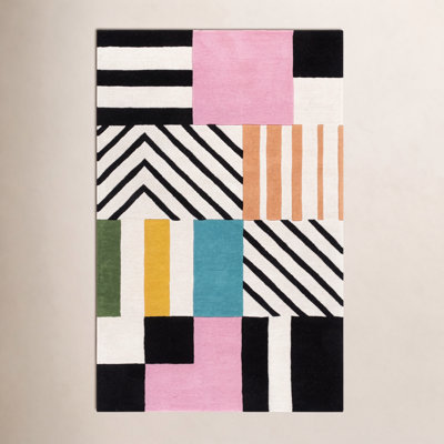 Tripoli Ivory Black Pink Hand-Tufted Geometric Rug