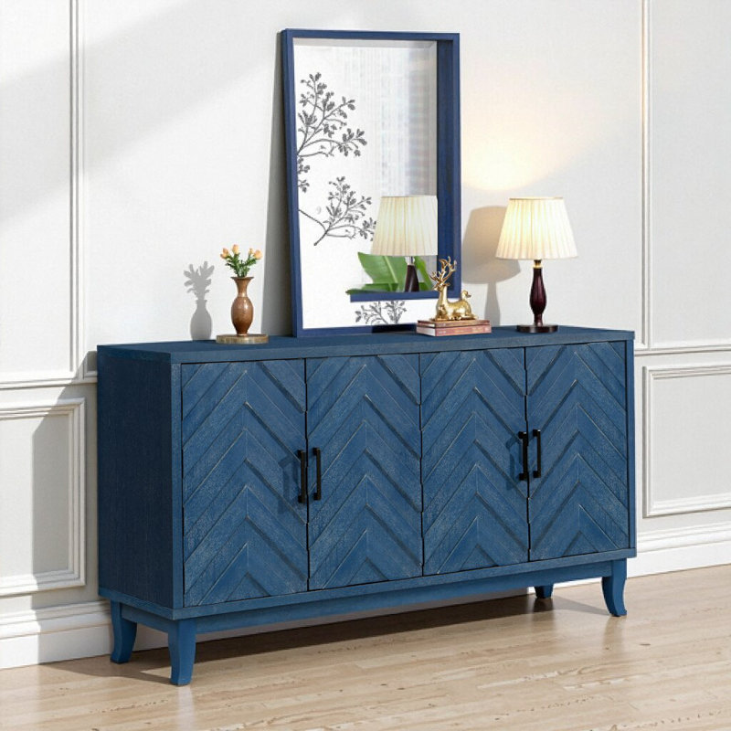 Crédence à 4 portes avec portes à panneaux en forme de M 60 po Retrou Vintage, Bleu marine antique