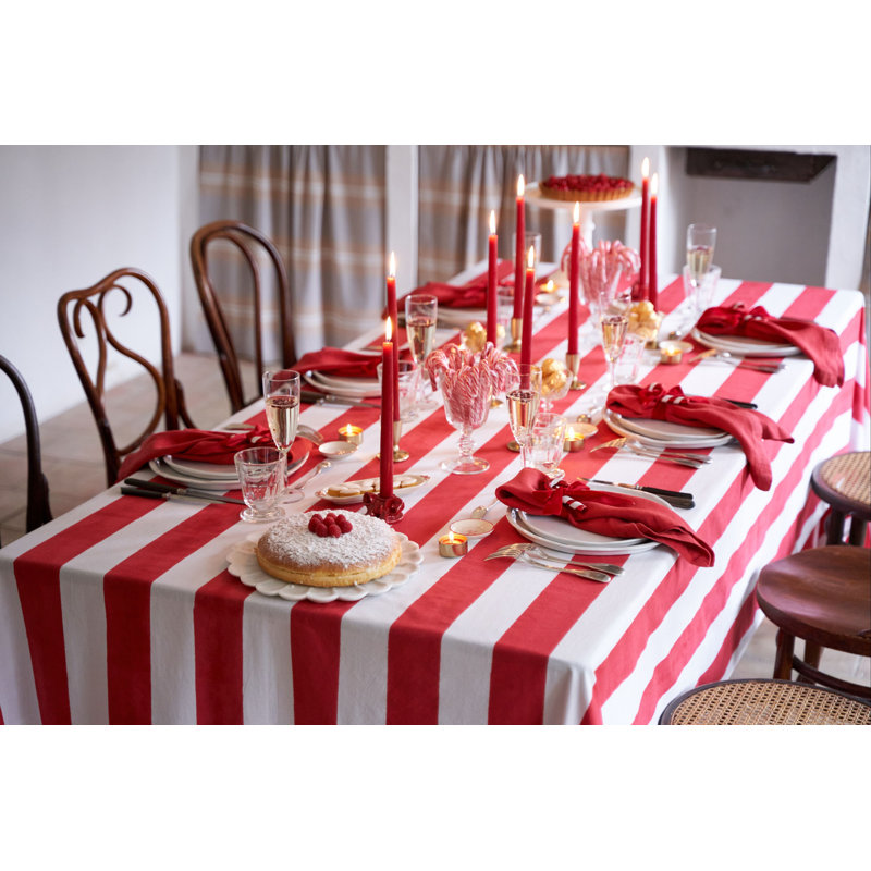 St. Tropez Handmade Striped Tablecloth, Red, 142" L x 71" W