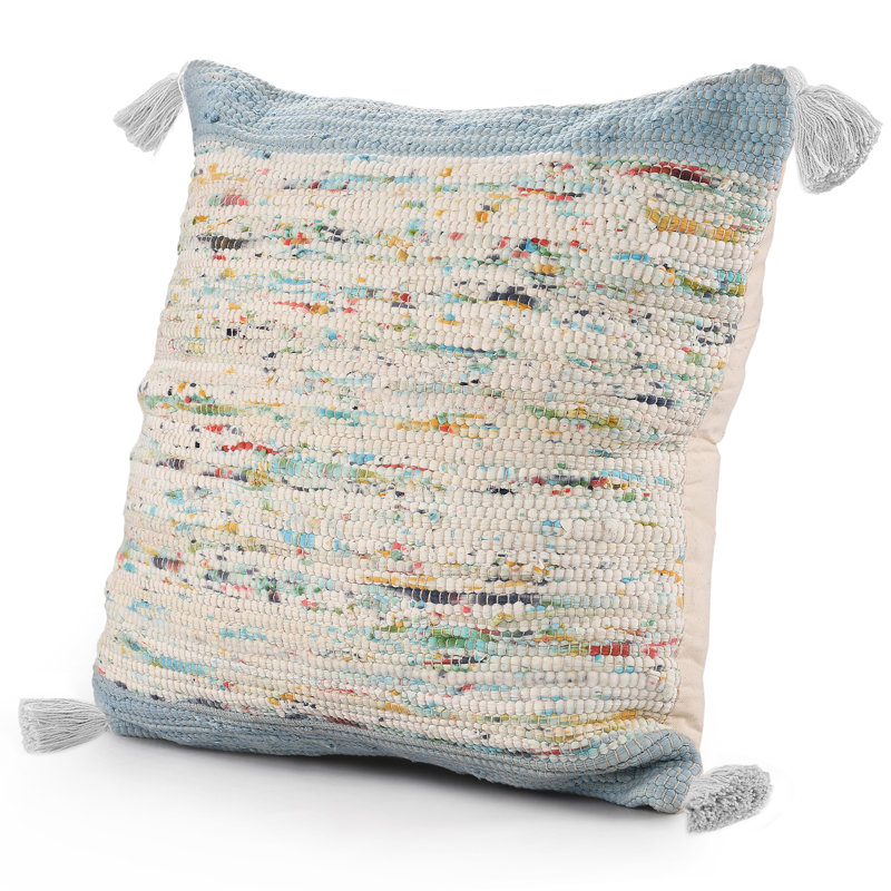 Coussin en coton abstrait coloré avec pampilles, Bleu / Beige, Housse de coussin seulement - sans coussin