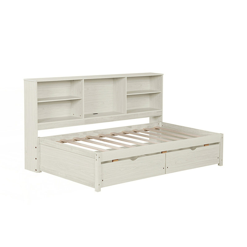 Twin Size Bed Frame With Side Bookshelves, Two Drawers And Built-In Usb Port, Cream White