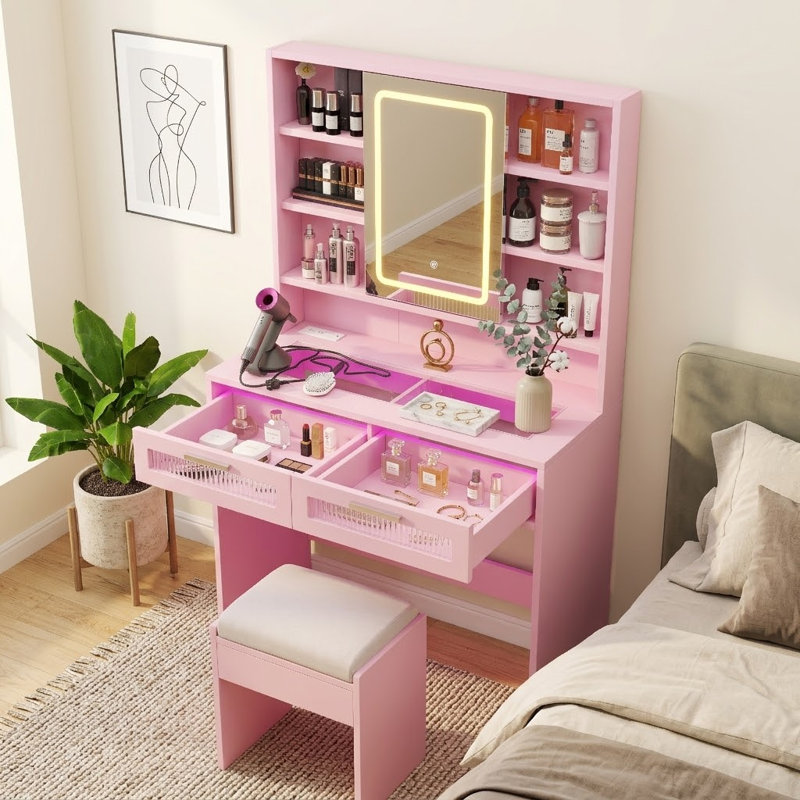 Meuble-lavabo 35,5 "avec lumières et miroir, petite station de maquillage avec tiroirs en acrylique, Rose