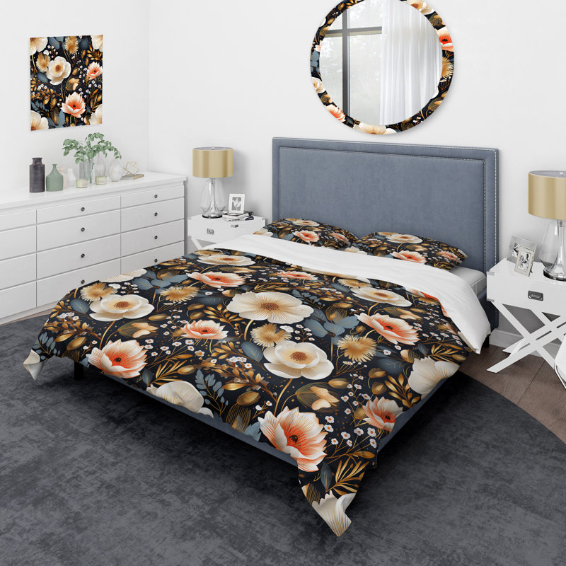 Beige Bohemian Bliss Floral Pattern II - Ensemble de housse de couette à motif floral