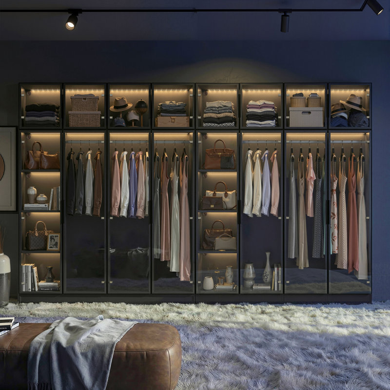 Armoire moderne 2 pièces avec portes en verre trempé et structure en aluminium, armoire lumineuse à DEL 3 couleurs avec armoire supérieure