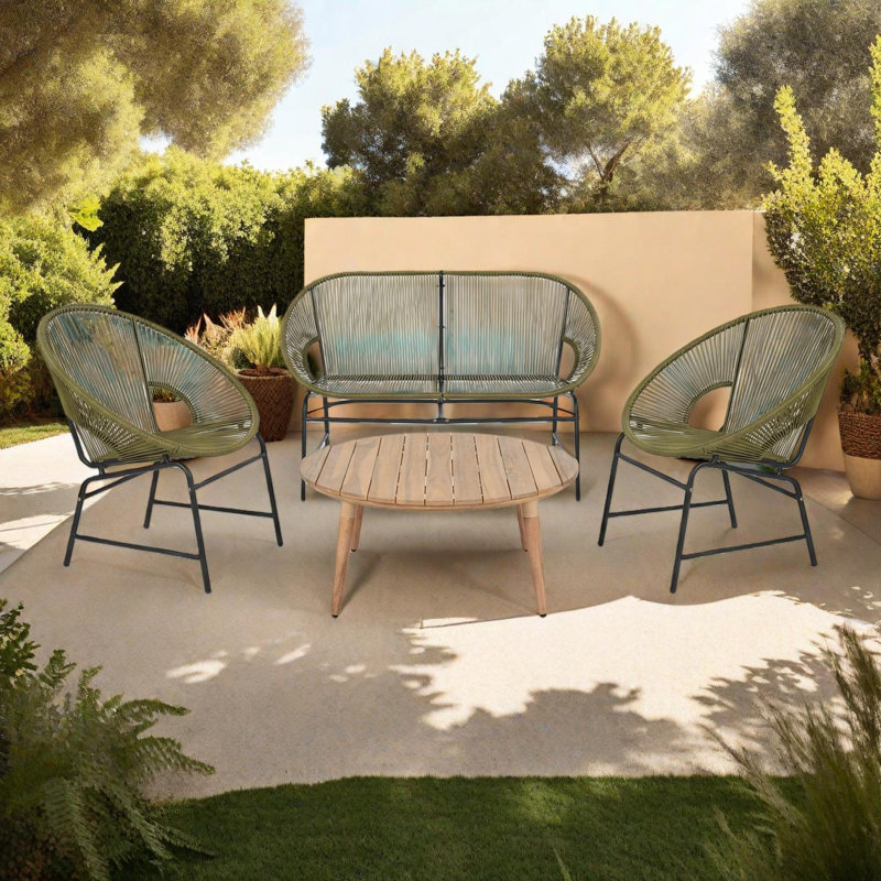 Ensemble de conversation d'extérieur 4 pièces avec causeuse, 2 fauteuils et table basse en bois d'acacia, Vert / noir