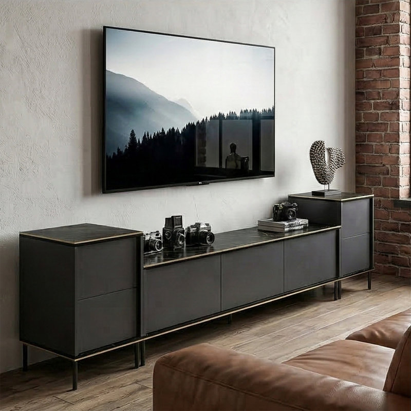 Meuble télé moderne 71 po avec 2 armoires latérales assorties et accents dorés luxueux