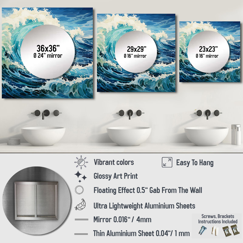 Melster - art mural miroir carré pour la salle de bain Beach & Ocean, 29 po x 29 po