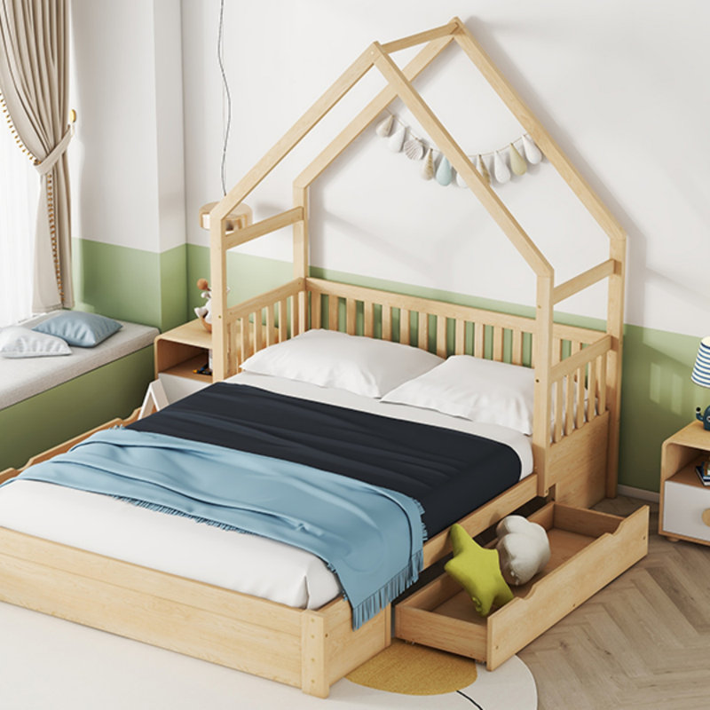 Grand lit plateforme en bois avec garde-corps et 2 tiroirs, Naturel