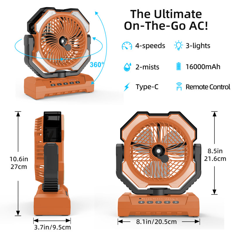 Ventilateur de brume de camping rechargeable 16 000 mAh, réservoir d'eau 250 ml, 4 vitesses, télécommande, minuterie, 4 lumières DEL
