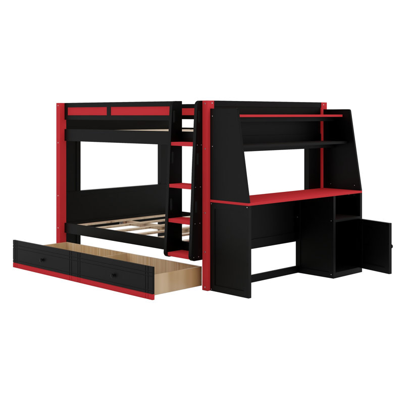 Lit superposé moderne avec éclairage à DEL, bureau, étagères et tiroirs de rangement