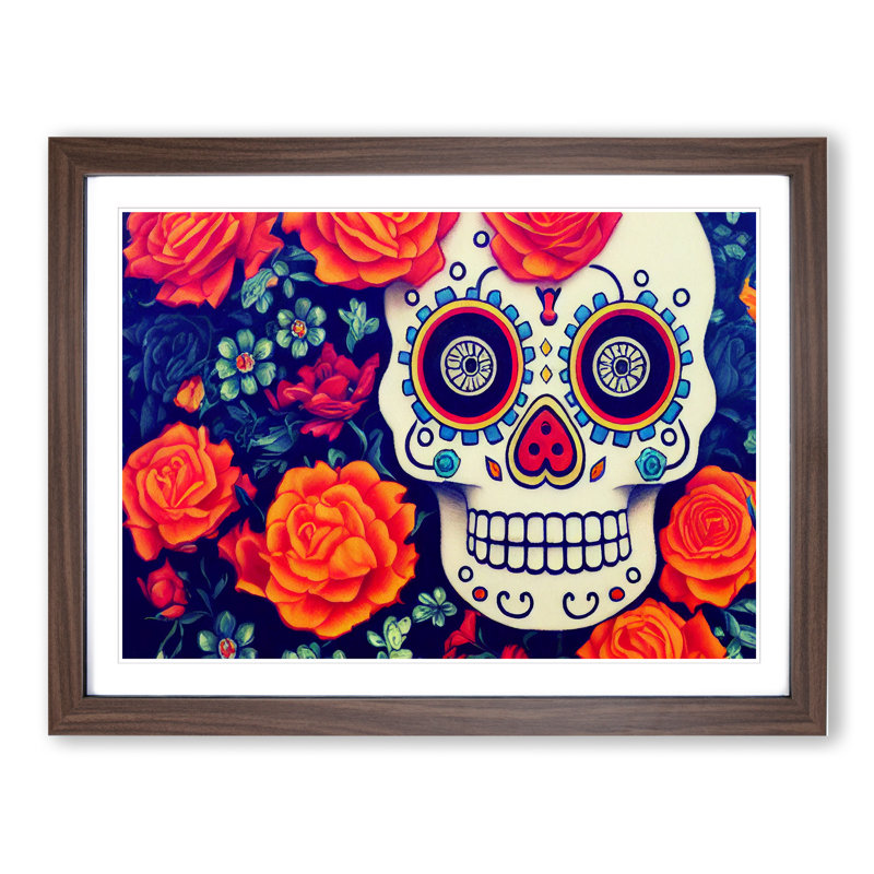 Wondrous Floral Sugar Skull 1 Piece Single Picture Frame Painting, 34cm H x 46cm W x 2cm D, Walnut