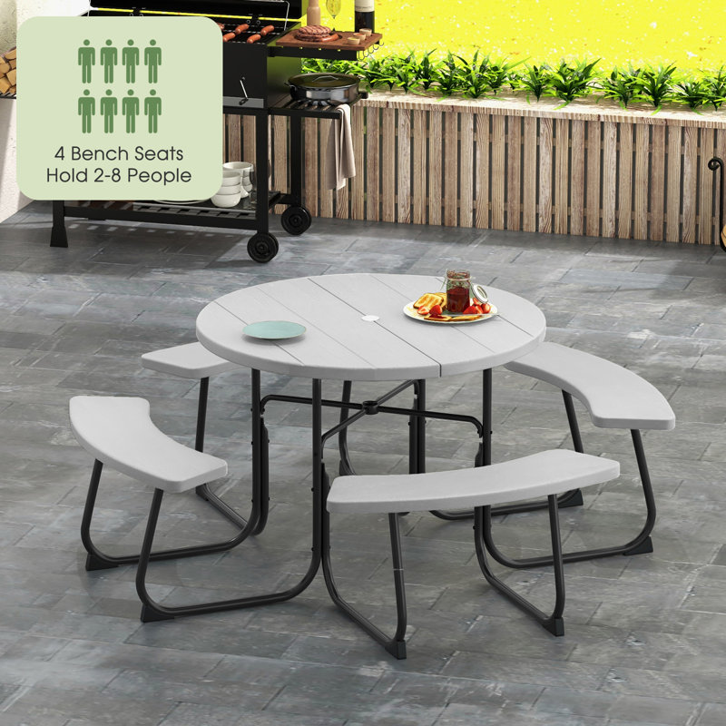 Banc de pique-nique d'extérieur portable avec 4 bancs et trou de parasol gris, Gris