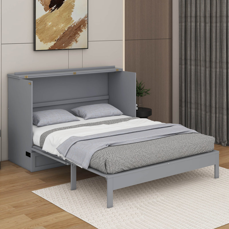 Lit escamotable double avec tiroirs, Gris, Lit double