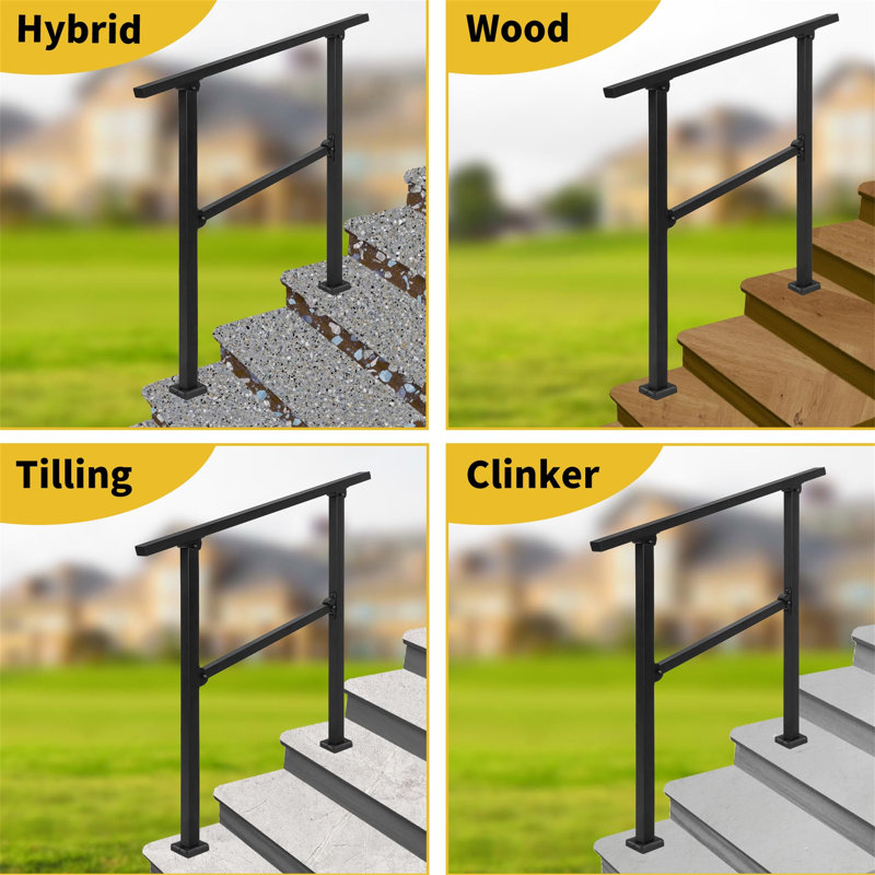 Wrought Iron Handrail, Step Handrails For Outdoor Steps Fit 2 To 3 Steps, Adjustable Porch Railing Transitional Rail With Installation Kit For Concrete Steps Or Wooden Stairs (Black)