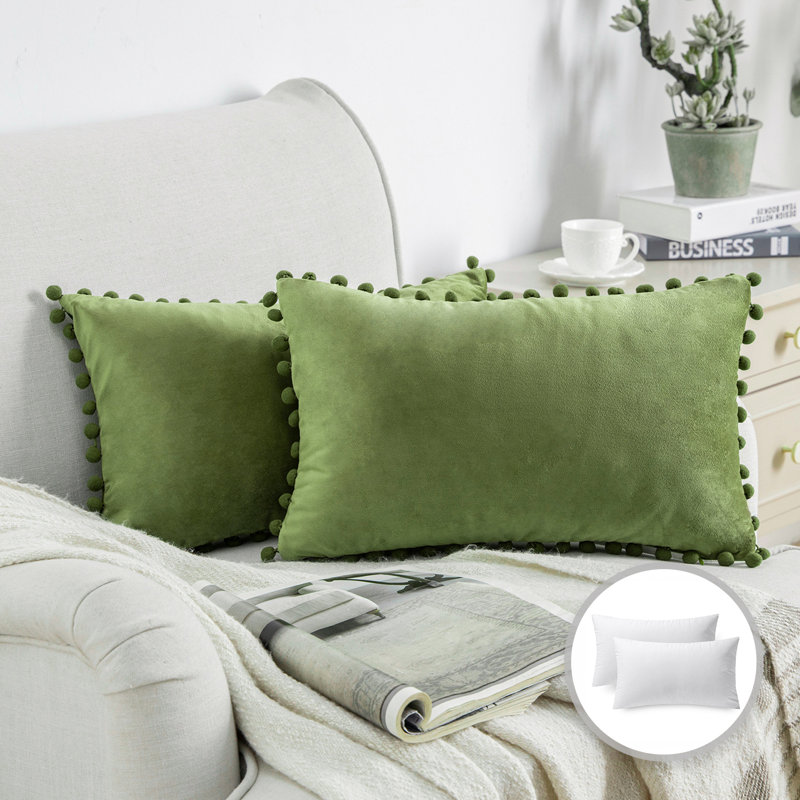 Coussin Silky Velvet Series Pom-poms, Vert, Housse de coussin et insert, Rectangle H 12 po x l 20 po