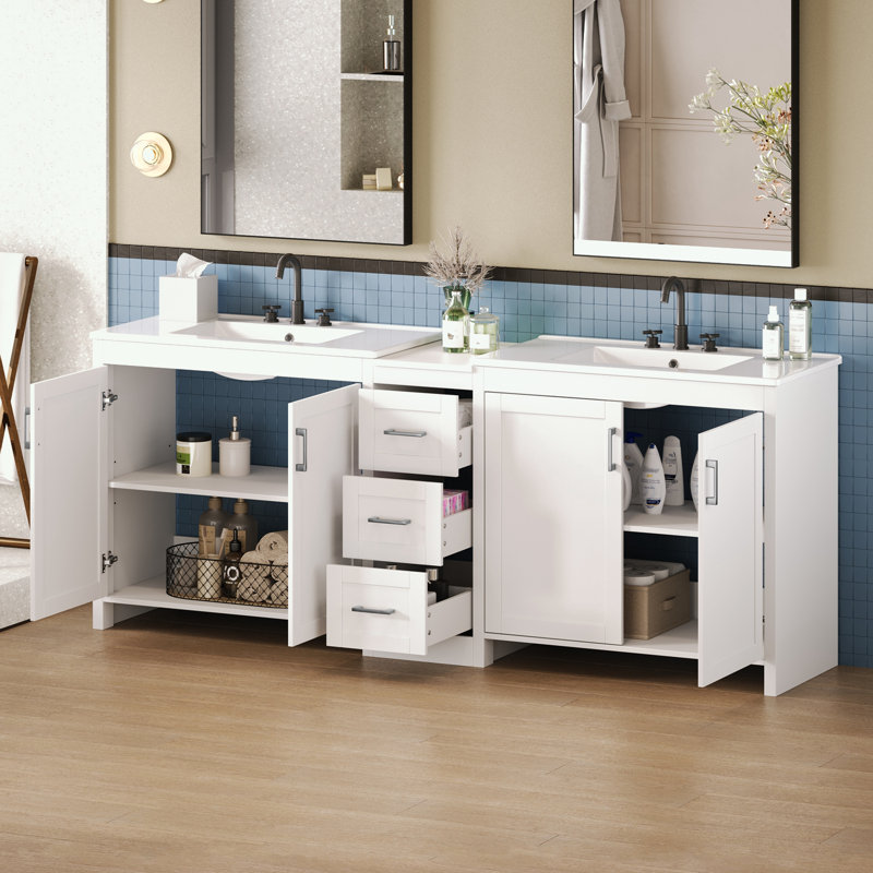 Meuble-lavabo de salle de bain avec lavabo, tablettes réglables et 3 tiroirs, Blanc
