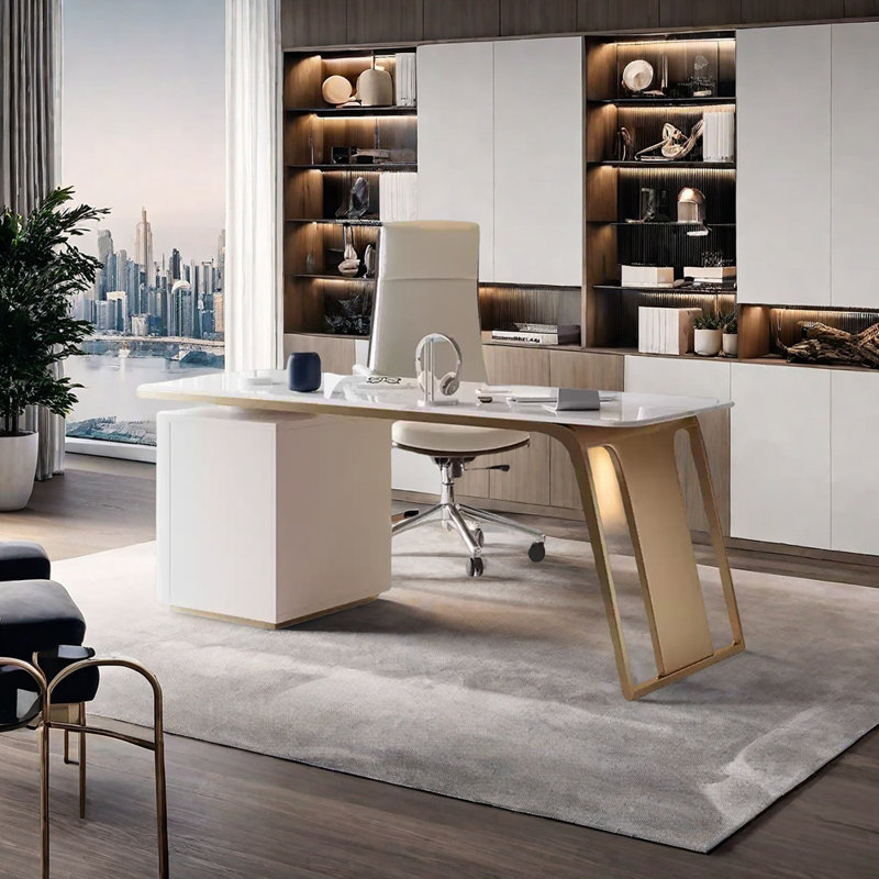 Sintered stone unique desk, Gold/White