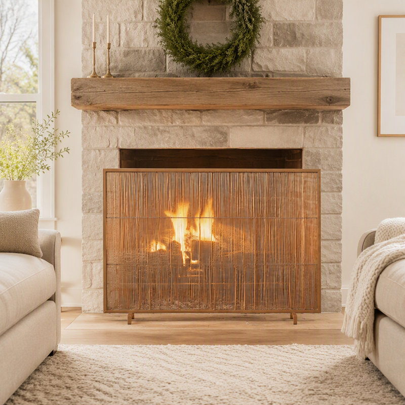 Pare-feu élégant en fer forgé à panneau unique, finition dorée luxueuse, pour une sécurité et une décoration intérieure améliorées.