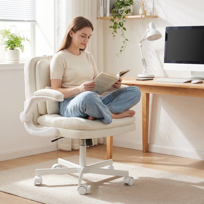 Chaise de bureau à assise croisée, chaise de bureau ergonomique pivotante à large siège avec dossier inclinable et coussin lombaire pour bureau à domicile, chambre et coiffeuse