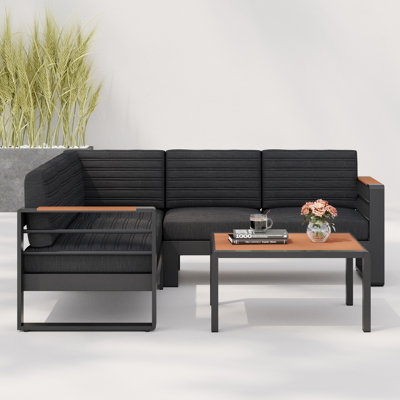 V Shape Left Arm Package: 2 Two Sofas, 1 Corner & Coffee Table. Aluminum Structure With Cushions, Black Look Kit: Two Built, Water-Repellent Padding, Finish