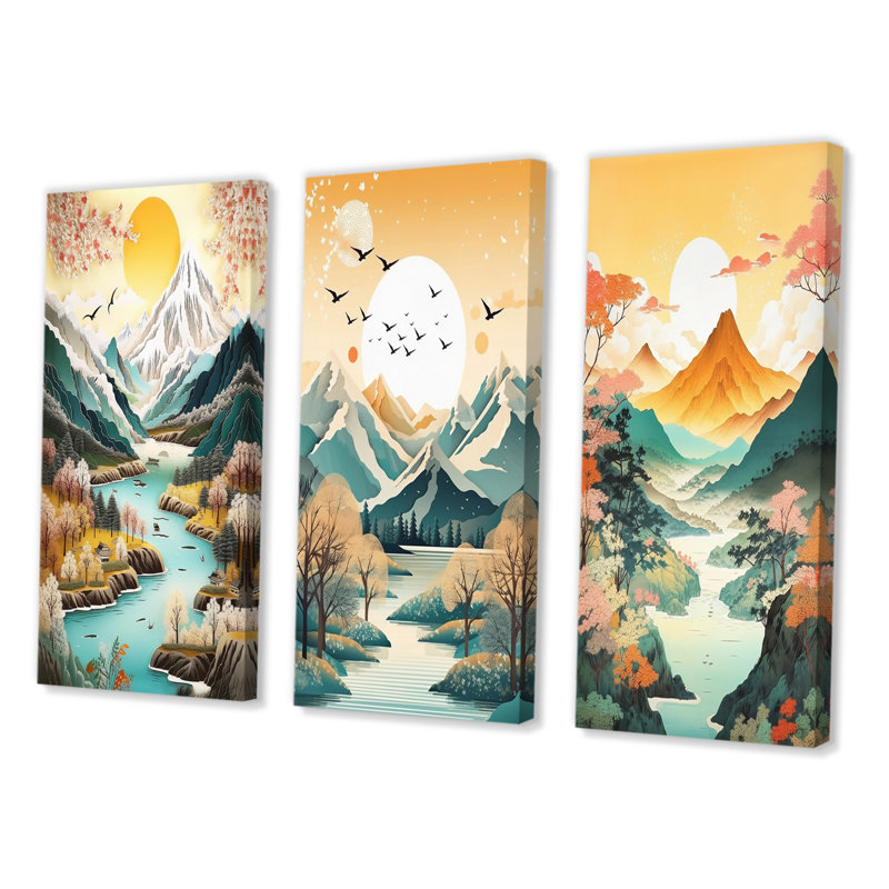 «Snow Covered Mountain Peaks», 3 pièces sur toile, Toile tendue, H 32 po x l 48 po