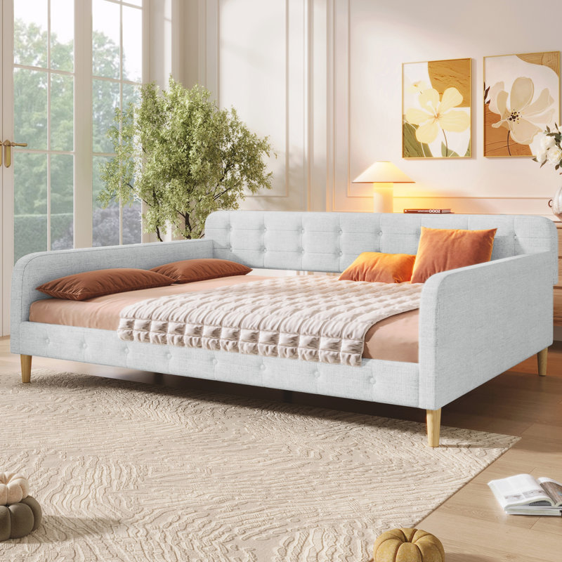 Queen Size Upholstered Daybed with 4 Support Legs, Beige