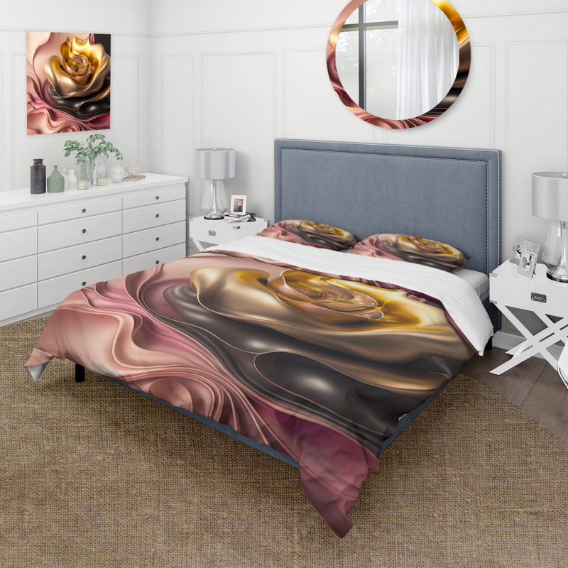 Ensemble de housse de couette en microfibre / polyester élégant avec fleurs dorées et taupe I