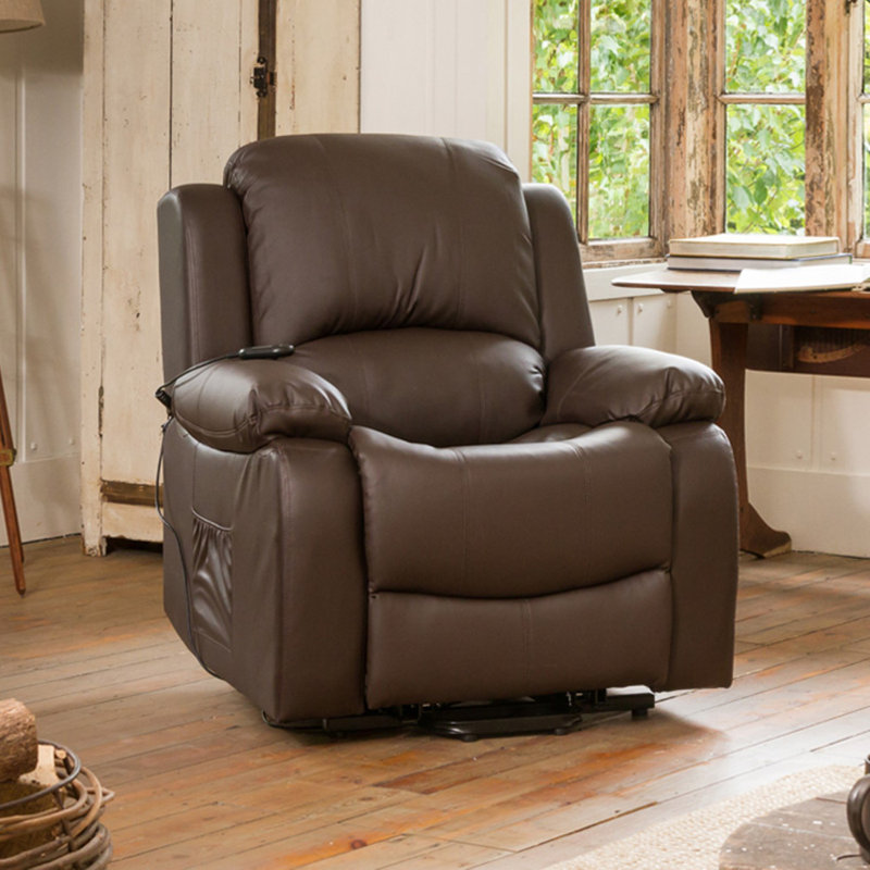 Seine-Maritime 92 cm Wide Faux Leather Lift Assist Recliner with Massager and Heated Cushion, Brown