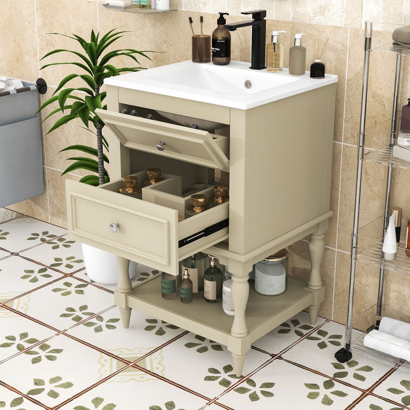 Meuble-lavabo compact avec lavabo en céramique, tablette inférieure, tiroirs basculants et en forme de U, Beige