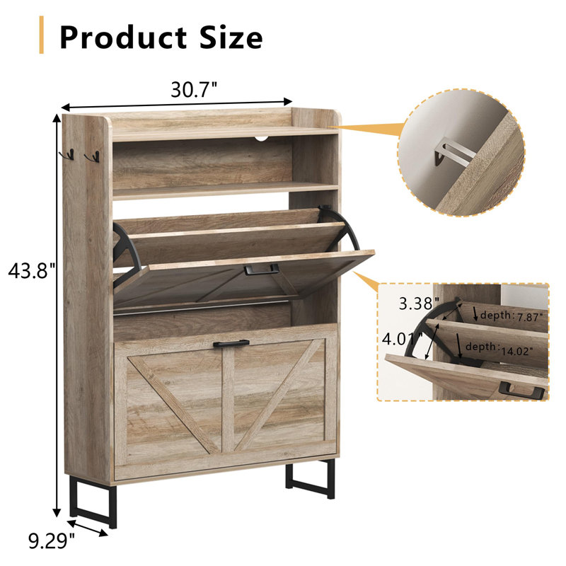 Shoe Cabinet With 2 Flip Drawers, Gray