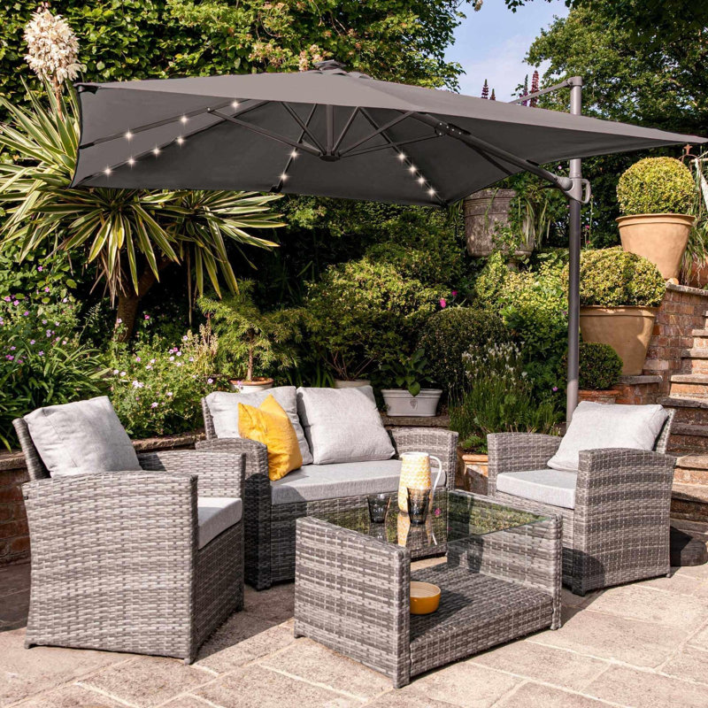 Colvin All Weather Wicker/Rattan 4 - Person with Cushions & Parasol, Grey