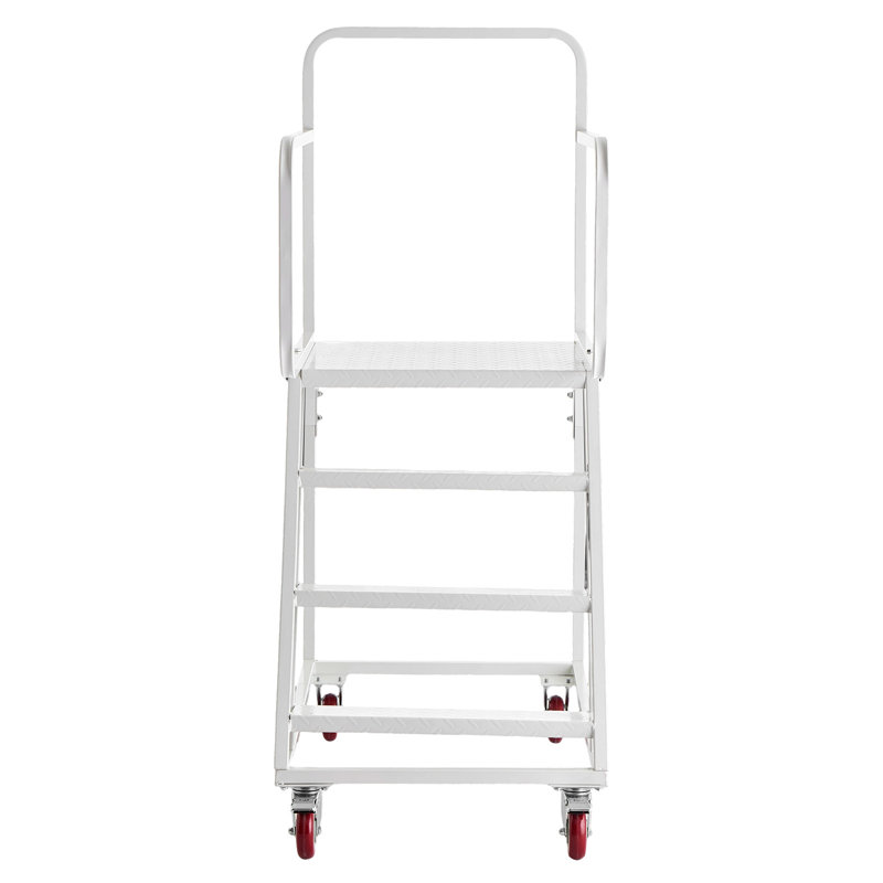 4-Step Mobile Warehouse Ladder, Industrial Steel Step Ladder with Handrails, Anti-Slip Steps & Locking Wheels, 880 lbs Capacity for Garage, Library, and Factory Use