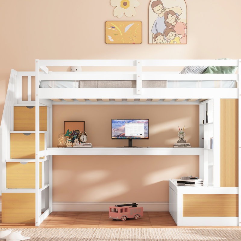 Lit mezzanine double blanc naturel avec bureau, tablettes et tiroirs avec beaucoup de style