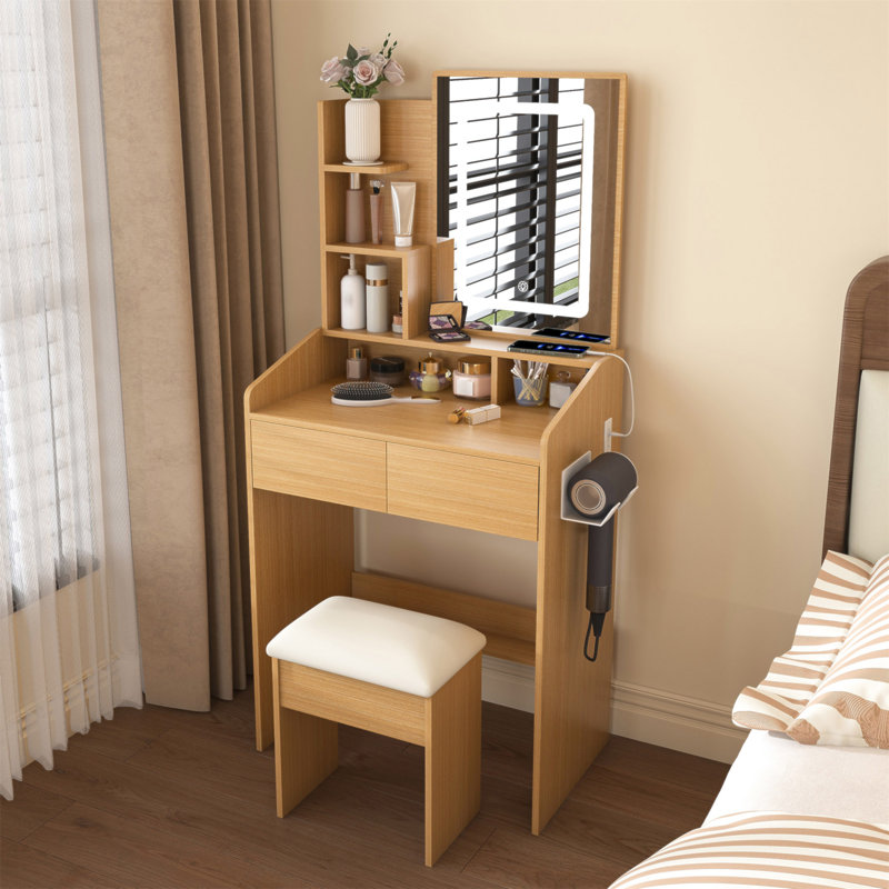 Coiffeuse avec miroir lumineux à DEL, prise de courant, support pour sèche-cheveux et tabouret - coiffeuse compacte pour petites chambres à coucher (bois)