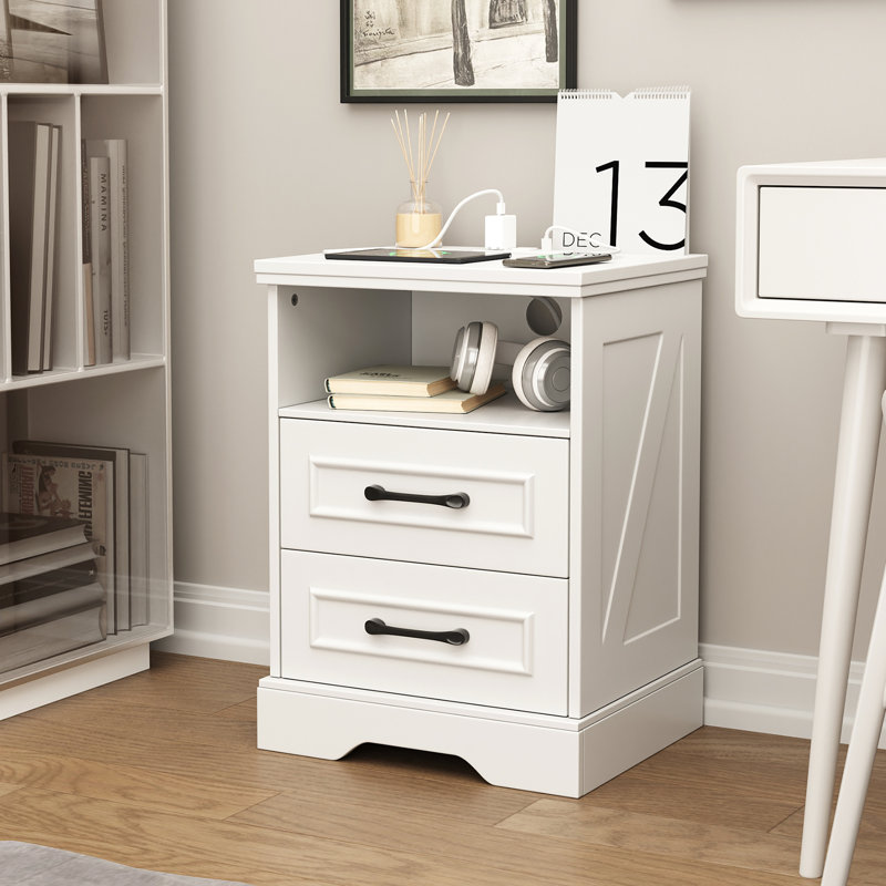 Farmhouse Nightstand With Charging Station, 2 Large Drawers & 2 USB ports with Open Storage, Set of 2, White