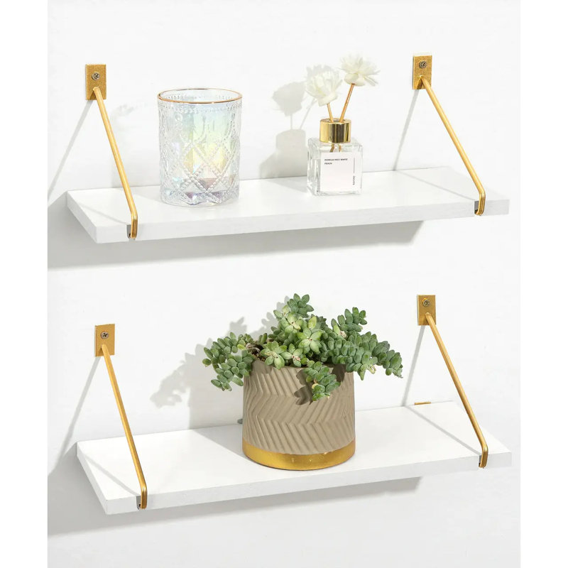 Tablettes flottantes pour le mur, tablettes de salle de bain modernes blanches, tablette murale avec supports en métal doré pour chambre, chambre à coucher, cuisine, ensemble de 2