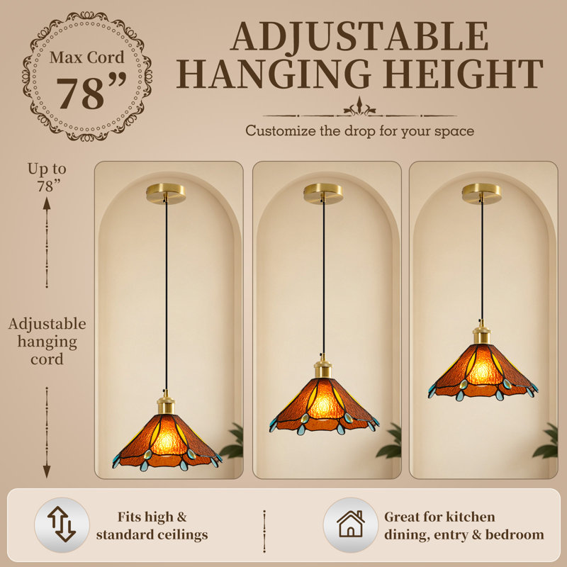 Stained Glass Pendant Light, Vintage Mini Hanging Ceiling Lamp, Black Cord & Brass Socket, E26 Base, Amber Shade for Kitchen Island Dining Room, Bulb Not Included