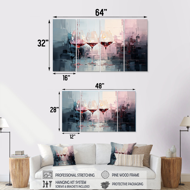 «Wine Glasses Deep Collage - Wine», ensemble de 4 pièces d'art mural, H 28 po x l 48 po
