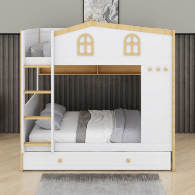 Lit superposé avec garde-corps en forme de maison et lit gigogne, lit superposé en bois avec tablettes de rangement