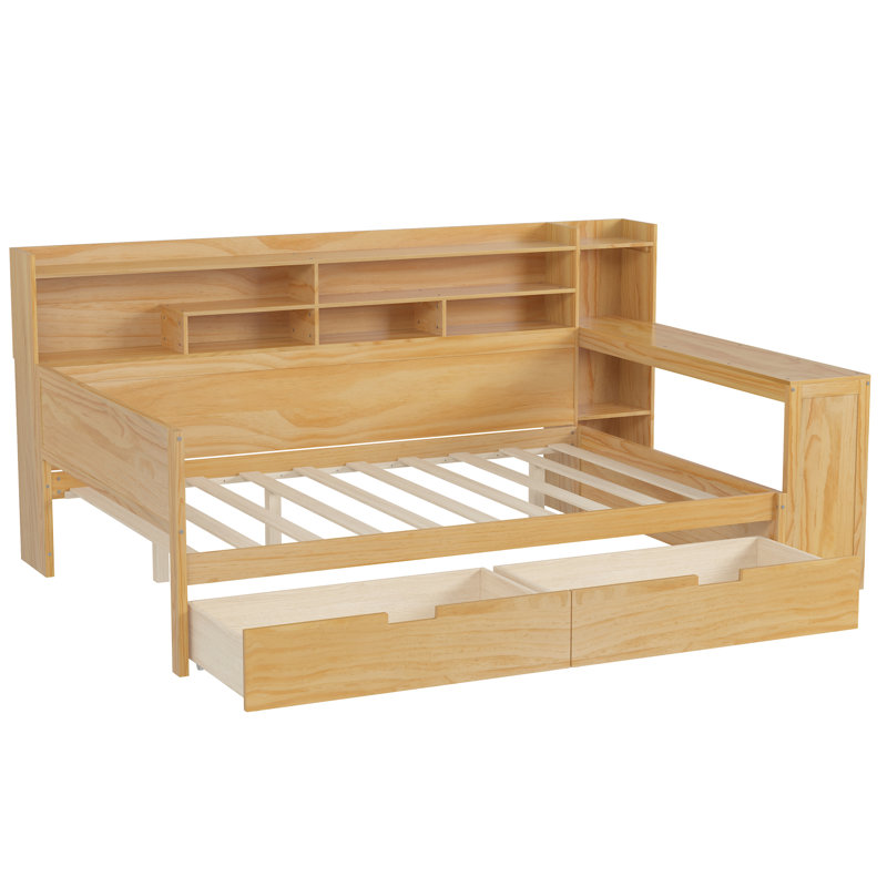 Full Size Wooden Bed With Generous Storage And A Desk For Relaxing Home Office Living Space, Natural