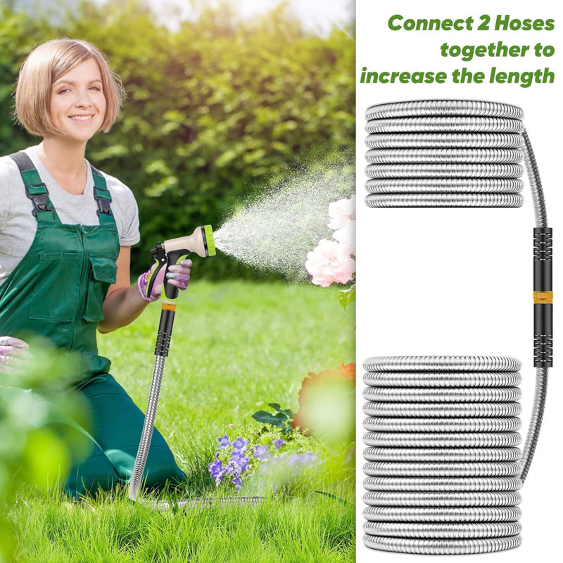 Metal Garden Hose With 10 Function Nozzle, H 15 po x L 2400 po x P 15 po