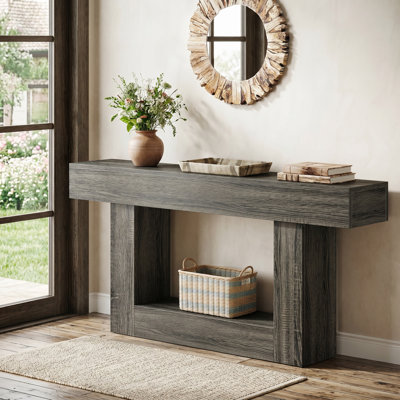 Console 63 po avec tablettes à 2 niveaux, table d'entrée avec base en U, canapé long et étroit pour vestibule, vestibule