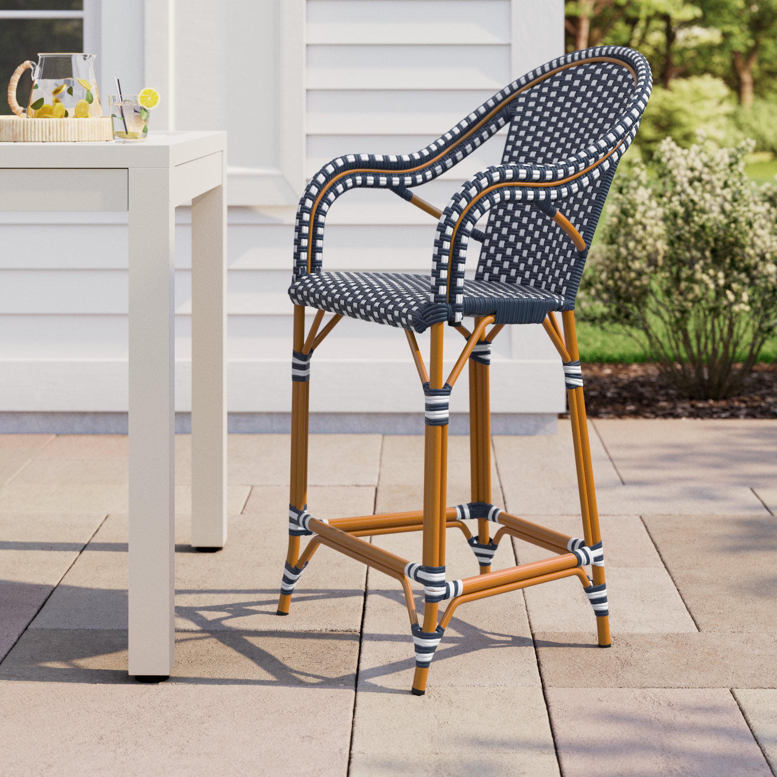 Popplewell 42.5'' Outdoor Bar Stool, Navy/White